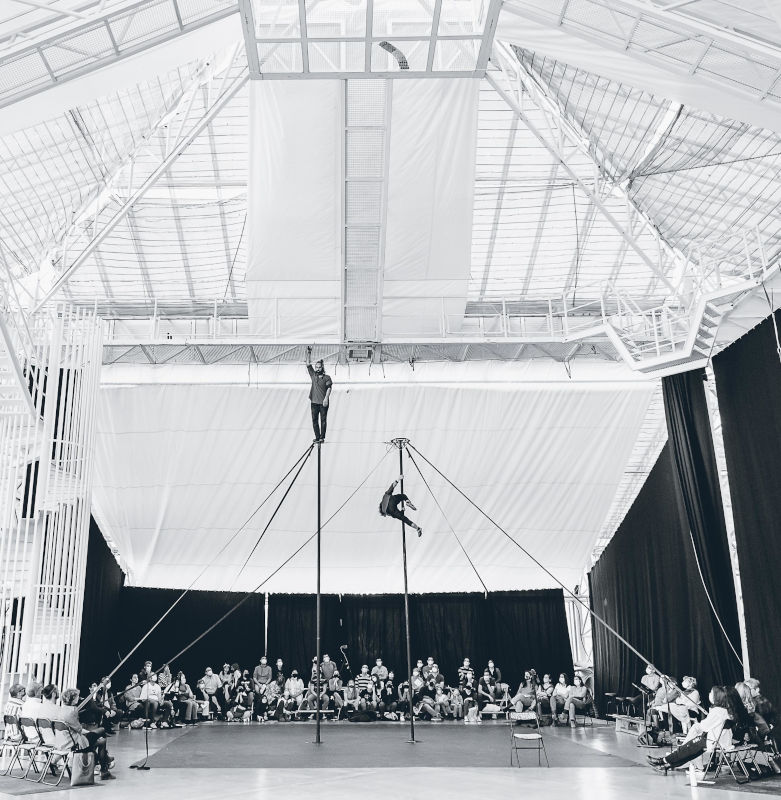 Laisse-moi Nely Carrasco y Miguel Rubio sobre mástil chino imagen blanco y negro. Versión interior del espectáculo de dua acrobatico